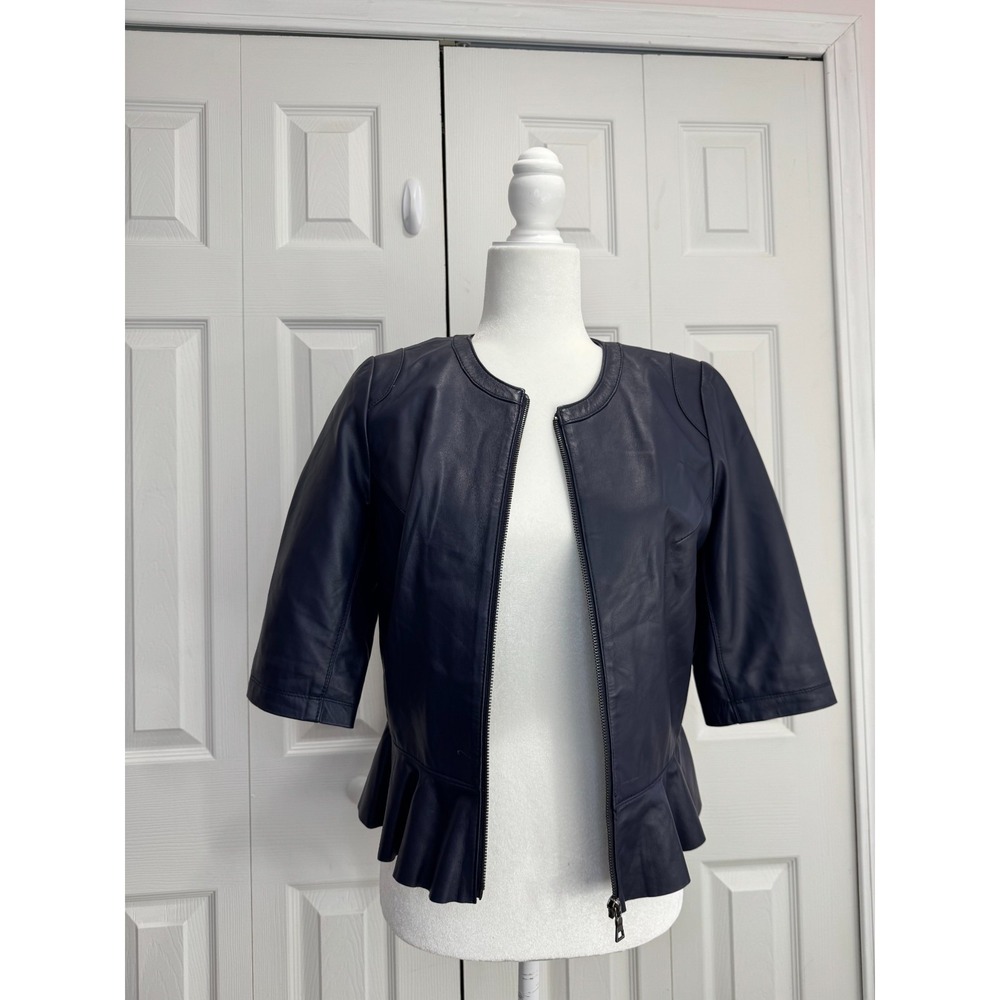My Tribe Ruffle Jacket Women's Small Black 3/4 Sleeve Zipper Casual 100% Leather